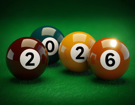 billiard balls with the numbers 2026 on a green background
