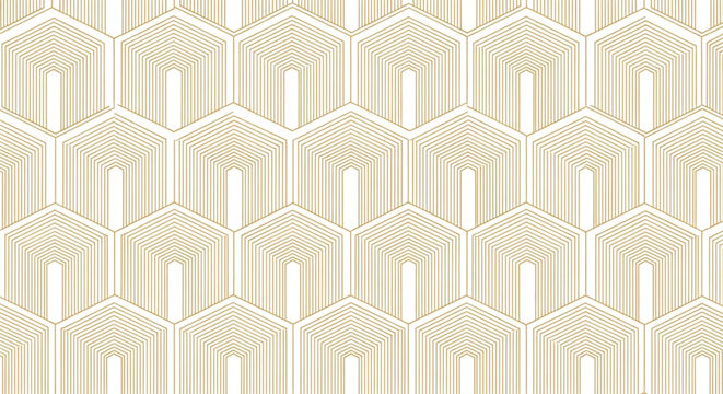Geometric pattern with repeating hexagons outlined in thin gold lines on a white background, creating a sense of symmetry and modern elegance.