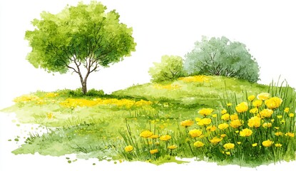 Naklejka premium Watercolor depiction of a grassy hillside dotted with wildflowers and trees