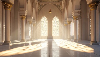 Fototapeta premium Elegant Interior of a Mosque with Sunlight Streaming Through Arched Windows.