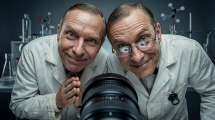 Two scientists posing playfully with a camera.