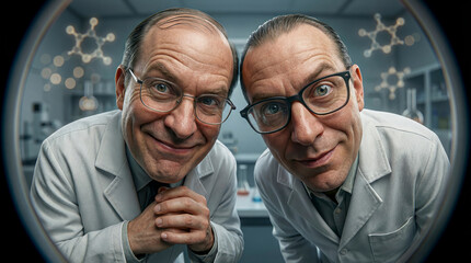 Two scientists smiling in a laboratory setting.