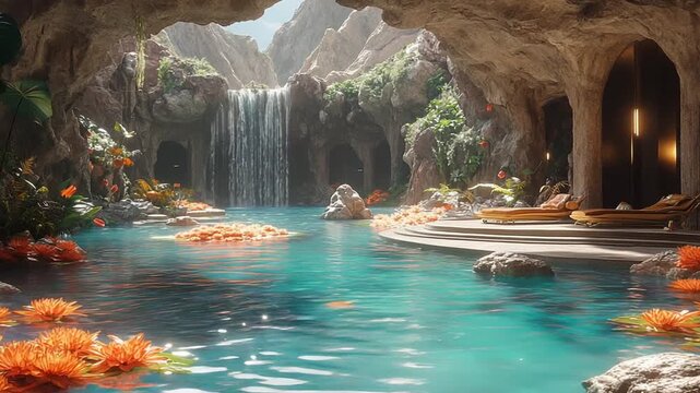 Serene cave pool with waterfall and vibrant flora