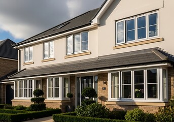 Contemporary house exterior with large windows and manicured garden.