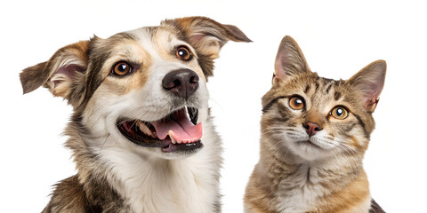 Obraz premium Close Portrait of Happy Golden Retriever and Tabby Cat on White Background