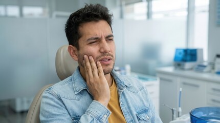 Young man suffering from toothache, holding his cheek in pain, wearing a casual denim shirt. Blurred background of a bright dental office.