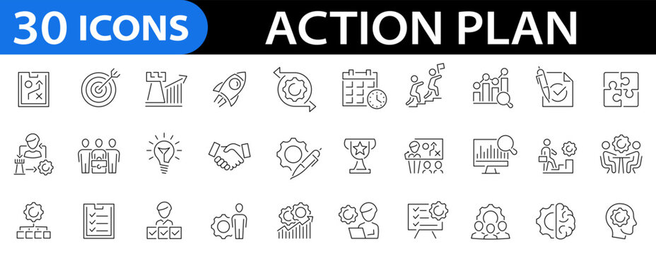 Action plan 30 icon set. Planning, implementation, schedule, collaboration, strategy, analysis, check and more. Editable stroke. Vector illustration
