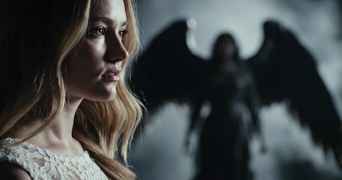 Woman with Angel and Devil Shadow &ndash; Inner Conflict Concept