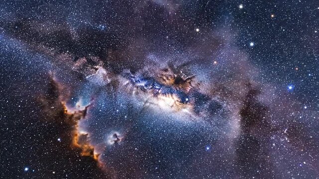 A vibrant nebula with swirling purple, blue, and orange gas and dust, set against a starry night sky background. Perfect for astronomy presentations, educational materials, and space-themed