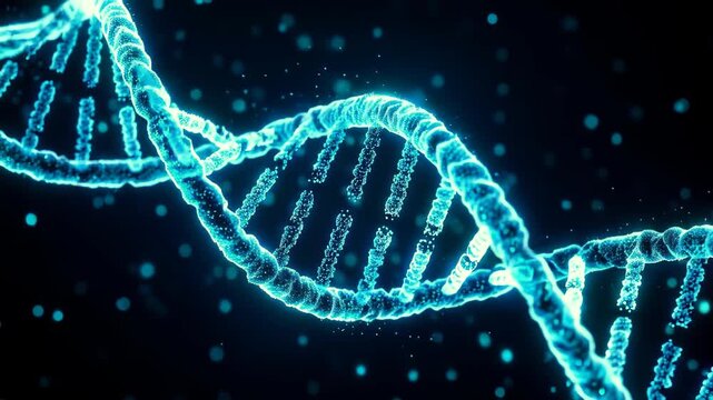 Bright glowing DNA double helix structure abstract background genetic code technology innovation science
