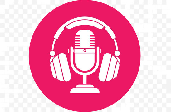 Professional podcasting equipment icon featuring microphone and headphones on vibrant pink circular background design