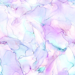 Seamless pastel lilac and mint alcohol ink marble pattern, soft fluid texture