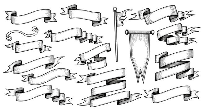 Collection of handdrawn banners and ribbons for decoration
