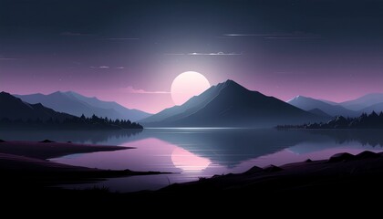 Fototapeta premium Minimalist Moonlit Lake Landscape at Night with Mountains Reflection