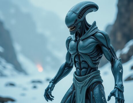 Sci-Fi Alien Creature in Snowy Mountain Landscape.