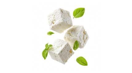 Cubes of fresh white feta cheese falling with green basil leaves isolated on white background