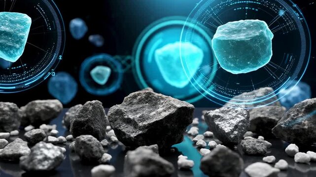 Futuristic rare earth element mineral rock ore analysis laboratory interface, glowing crystal stone and metal sample reflective surface, digital geology science innovation hologram for geologist