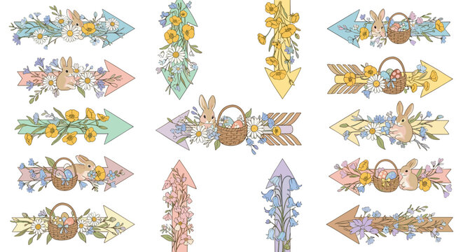 Set of colorful decorative arrows with floral and nature motifs