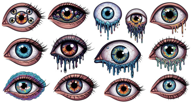 Collection of twelve realistic human eyes with various expressions and colors