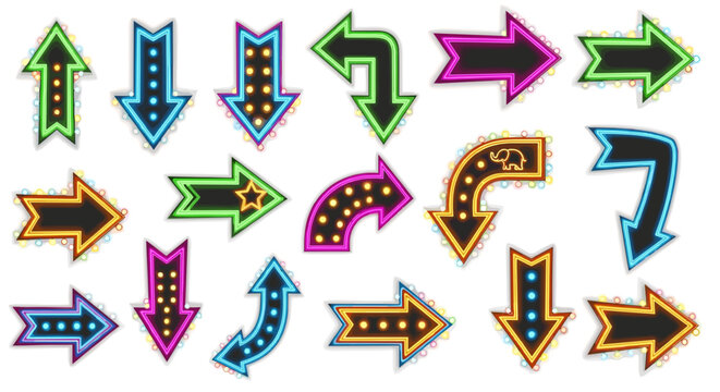 Collection of colorful arrow signs pointing in various directions