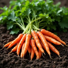 A bundle of organic carrots with green tops, freshly pulled from the soil.
