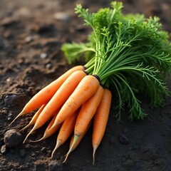 A bundle of organic carrots with green tops, freshly pulled from the soil.