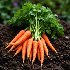 A bundle of organic carrots with green tops, freshly pulled from the soil.