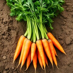 A bundle of organic carrots with green tops, freshly pulled from the soil.