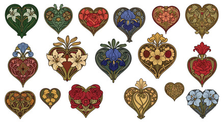 Fototapeta premium Collection of ornate embroidered heartshaped patches with floral designs