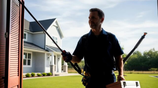 Professional pest control service technician man walking with sprayer and toolbox in front of a home, ready for insect extermination.