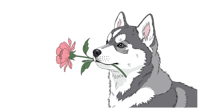 Beautiful grey and white Husky dog holding a delicate pink flower in its mouth looking away on a plain white background.