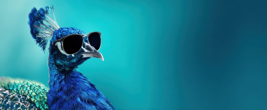 The Peacock Wearing Sunglasses Against a Teal Gradient Background with Vibrant Iridescent Feathers