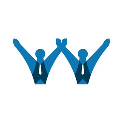 Business Team Partnership Celebrating Success Together &mdash; Two Colleagues Raising Hands in Unity