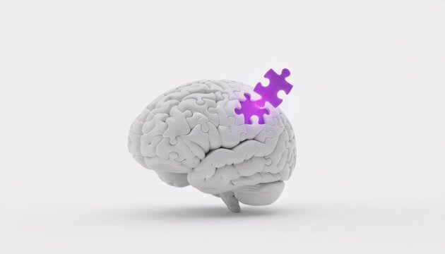 3D white brain made of puzzle pieces with purple protruding piece. Symbolizing idea, solution, intelligence, and cognitive challenge.Brain Injury Awareness Month