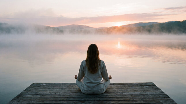 Woman meditation sunrise lake mist calm reflection peaceful morning serenity