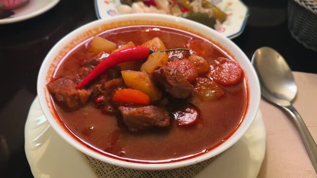Hungarian cuisine concept. Close-up of traditional goulash meat soup. High-quality 4K video. High quality 4k footage