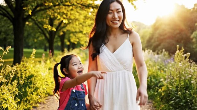 Walking in the park during sunset with a child holding hands and smiling at each other