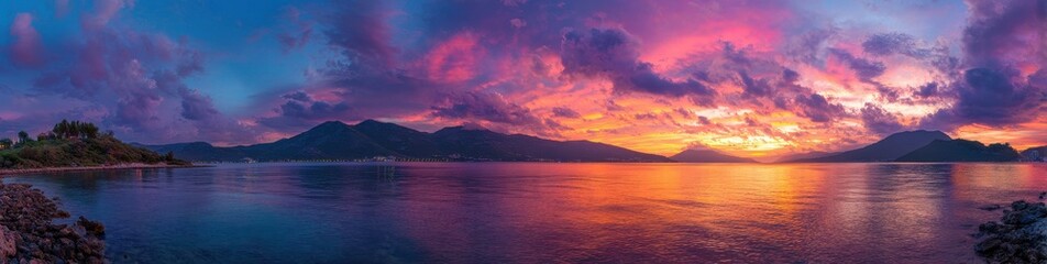 Fototapeta premium Vibrant photo of Panoramic sunset over the sea with mountain silhouettes and vibrant colorful sky