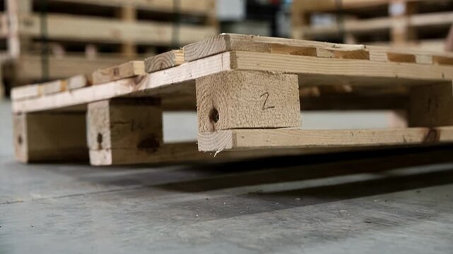 Closeup medium shot of crafting exportgrade wooden pallets highlighting precise shaping of skid blocks and stringers for secure shipping and stacking.