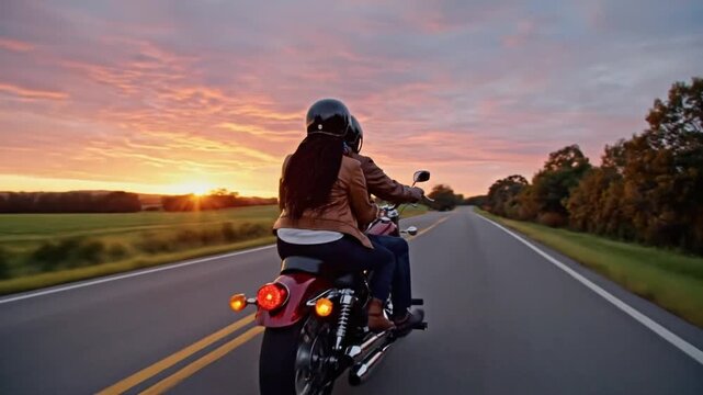 Motorcycle ride in nature at sunset with couple enjoying the open road