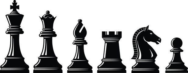 Chess pieces set including king queen rook bishop knight and pawn, strategy board game vector illustration © MstMorshida