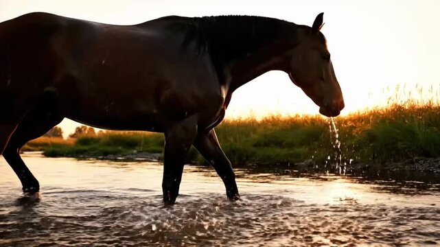 Horse walks through water at sunset with bright sun shining in the background near a grassy area