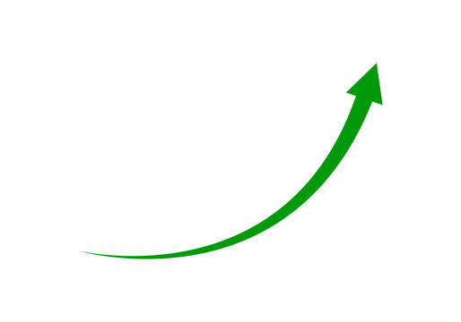 PNG long curved green arrow rising up concept of stock market business growth, increasing financial profit, business grow up trend sign. Business growth upward arrow on transparent background.