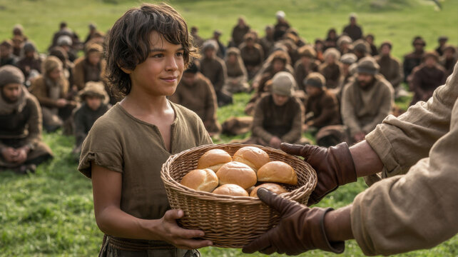 Biblical lad helping Jesus by providing five barley loaves and two small fish. Miracle of the feeding of the five thousand with the crowd seated on the grass background.