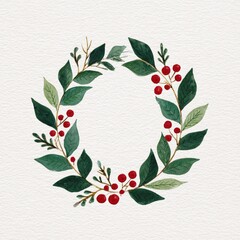 A watercolor wreath of green leaves and red berries on a textured white background