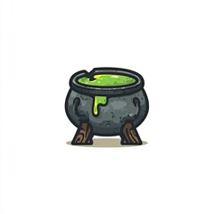 A cartoonish cauldron with bubbling green liquid, resting on wooden supports