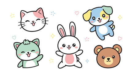 Fototapeta premium Cute cartoon animals collection including cat dog rabbit bear and mouse