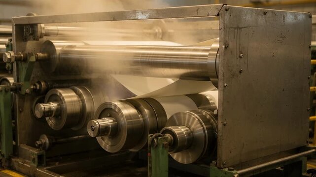 Closeup medium shot showing a partial enclosure around a series of drying cylinders on a paper machine steam visible rising as hot drums rotate meticulously drying the continuous