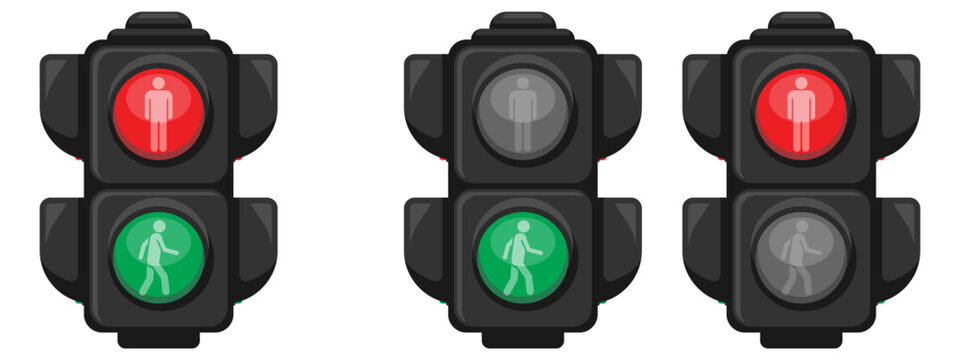 Pedestrian traffic light vector set showing red stop and green go walking man signals, flat design crosswalk indicator icons for road safety, urban transportation, and street infrastructure projects.
