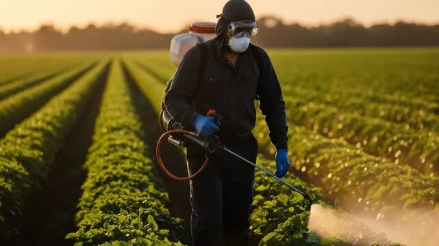 Farmer spraying pesticide on crops in a field. Agricultural worker protecting plants from pests. Industrial crop protection and fumigation.